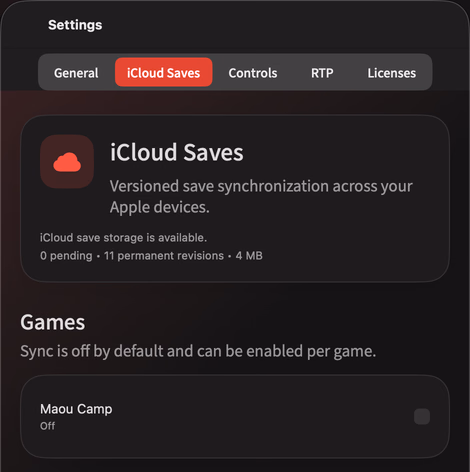 macOS iCloud 存档设置,展示 Maou Camp 示例游戏、关闭的同步开关和游戏同步设置
