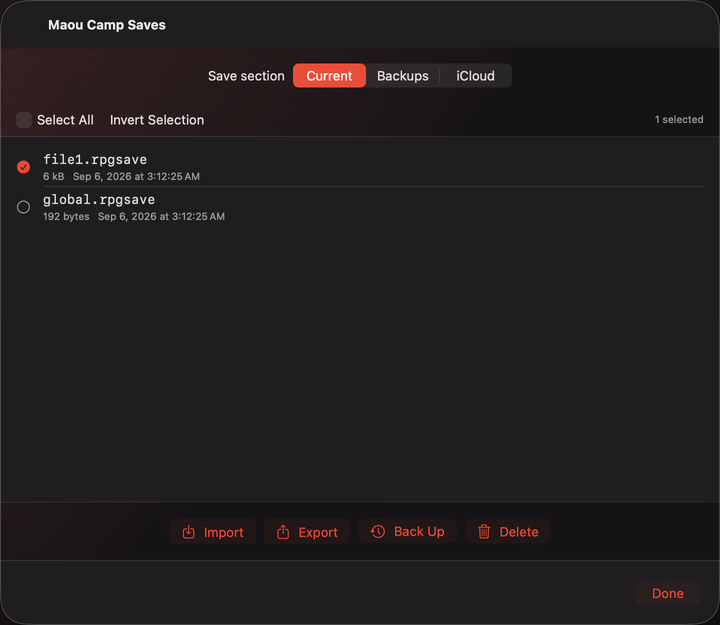 Maou Camp 示例游戏的 macOS 存档管理器,显示存档槽位 1 的游戏进度