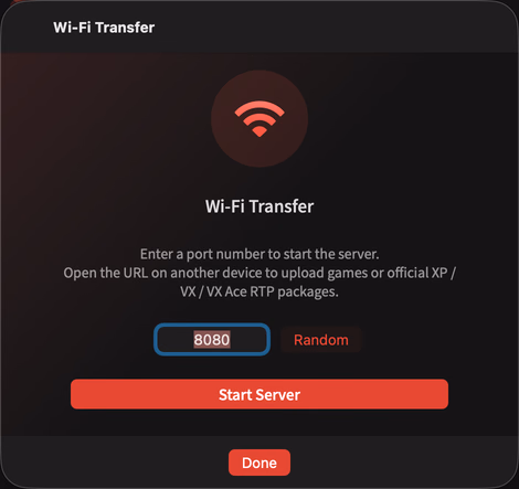 macOS 英文 Wi-Fi 传输面板,端口为默认值 8080,传输服务尚未启动